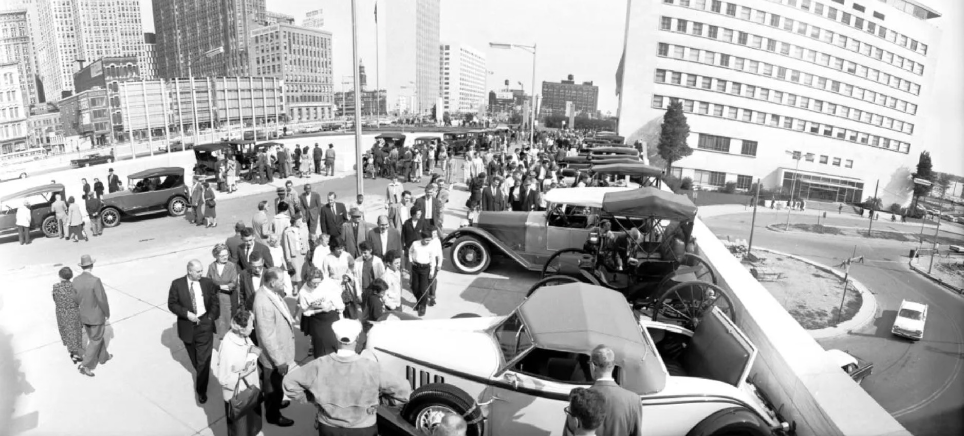 Antique cars on display outside Cobo Hall, Detroit 